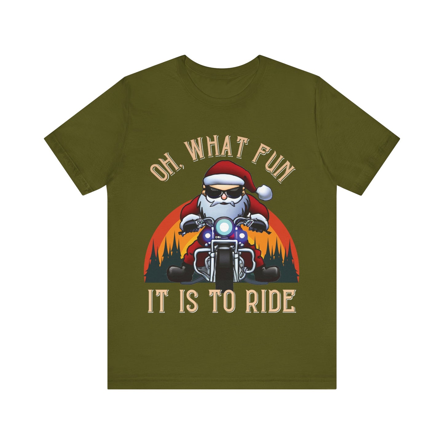 Biker Santa Christmas T-shirt: "Oh What Fun it is to Ride" Short Sleeve Tee