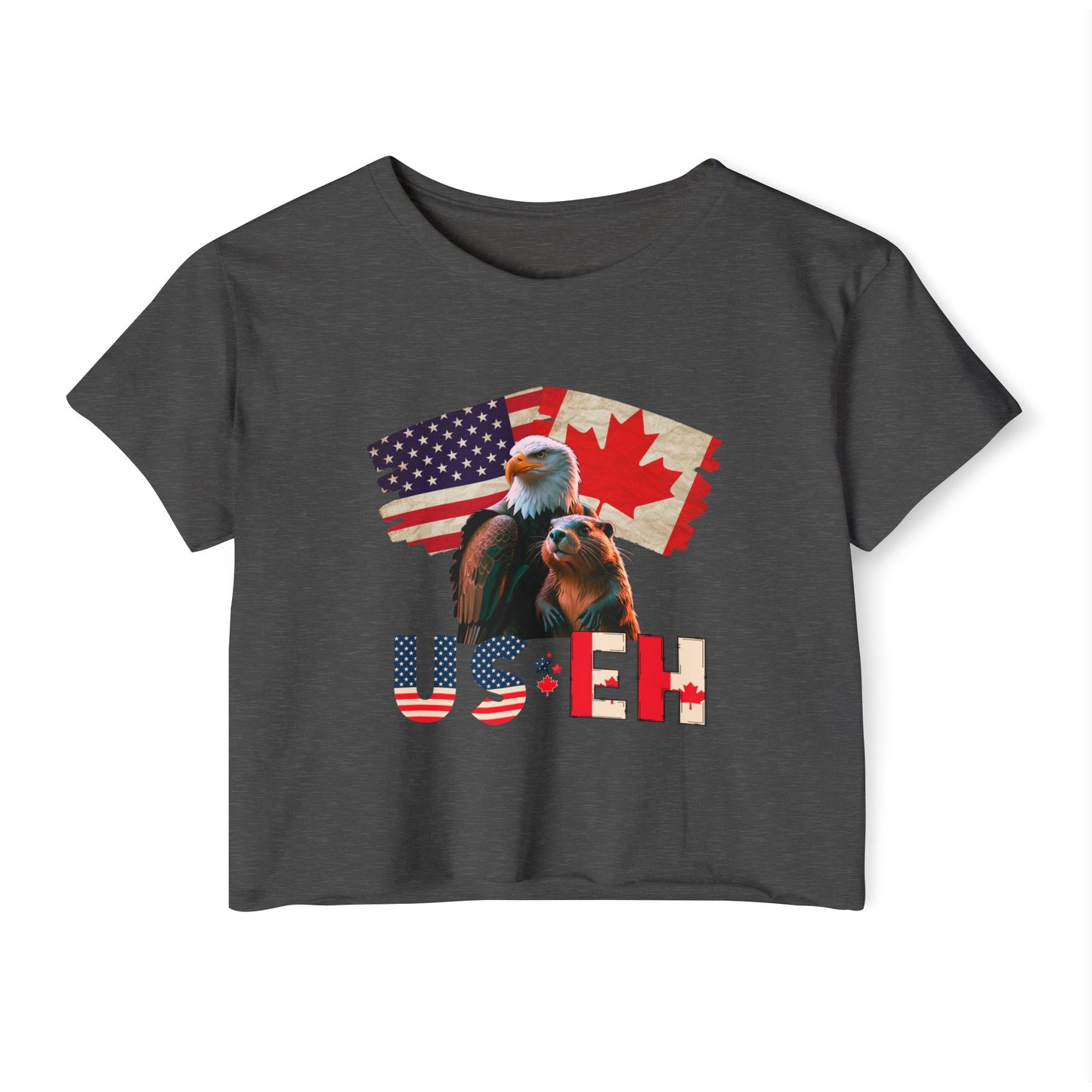 Crop Top - US Eh Bald Eagle and Beaver Canadian American Flag Women's Festival Top
