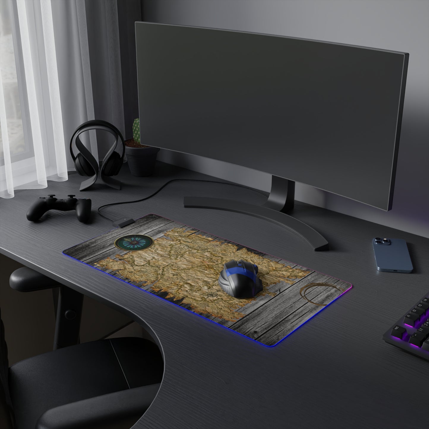 Vintage Pirate's Treasure Map Gaming Mouse Mat with LED Lights