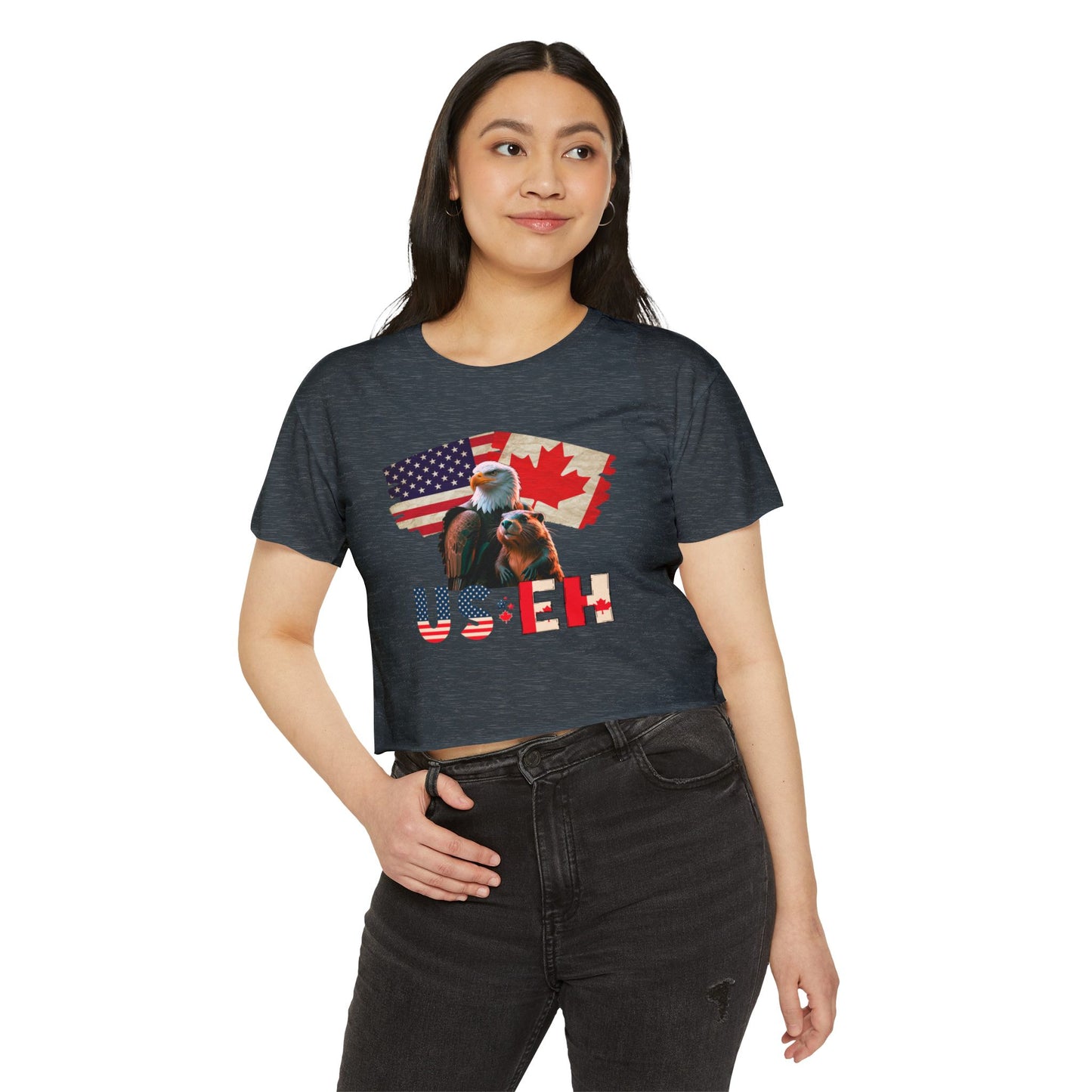 Crop Top - US Eh Bald Eagle and Beaver Canadian American Flag Women's Festival Top
