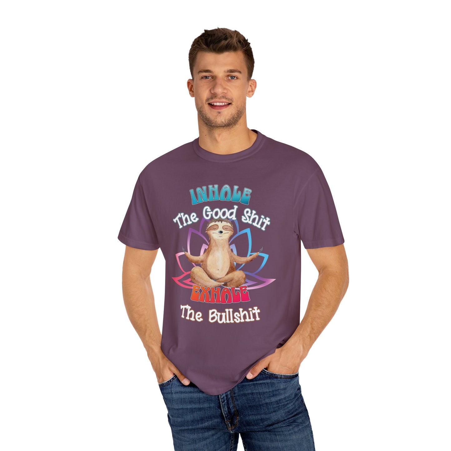 Funny Meditating Sloth Comfort Colors T-Shirt | Inhale Exhale Explicit Tee