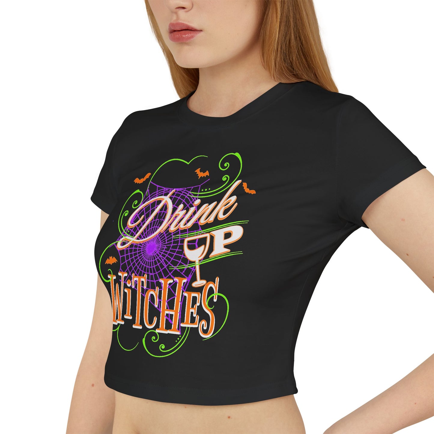 Crop Top - Black Halloween Tee with Spiderwebs and 'Drink Up Witches' Phrase