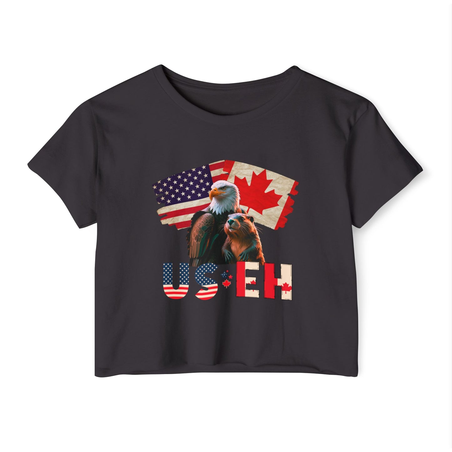 Crop Top - US Eh Bald Eagle and Beaver Canadian American Flag Women's Festival Top
