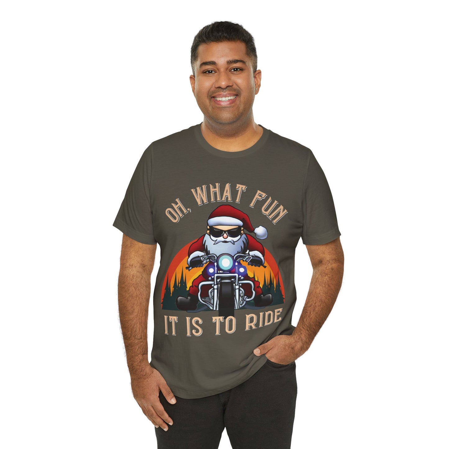 Biker Santa Christmas T-shirt: "Oh What Fun it is to Ride" Short Sleeve Tee