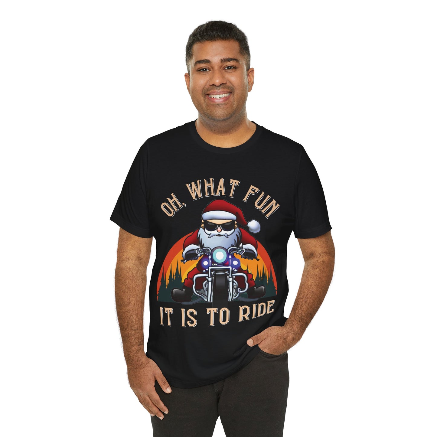 Biker Santa Christmas T-shirt: "Oh What Fun it is to Ride" Short Sleeve Tee