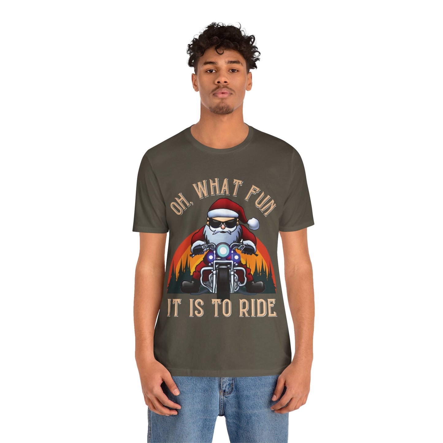 Biker Santa Christmas T-shirt: "Oh What Fun it is to Ride" Short Sleeve Tee