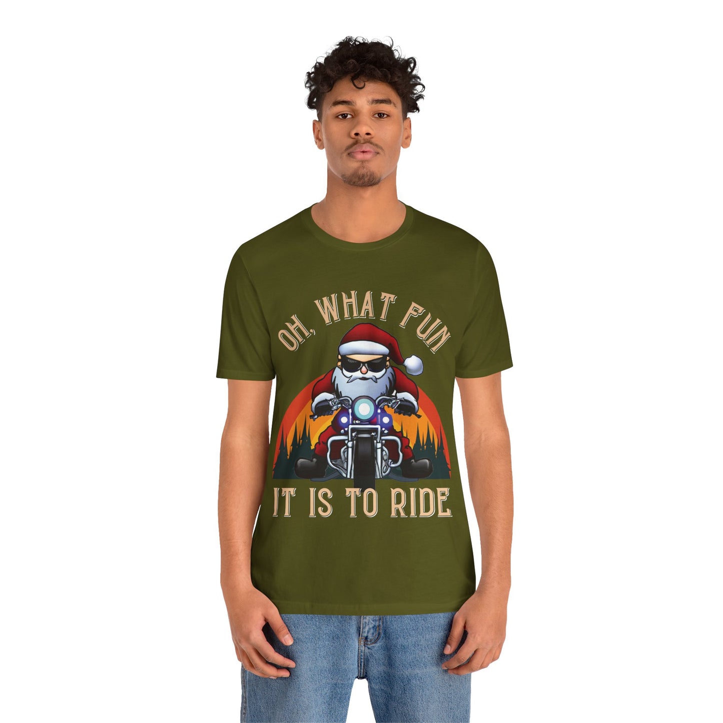Biker Santa Christmas T-shirt: "Oh What Fun it is to Ride" Short Sleeve Tee