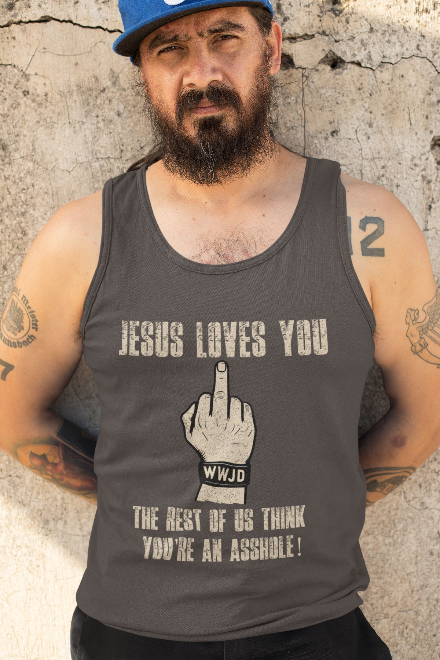Grunge WWJD Hand Graphic Tank Top - Jesus Loves You Explicit Design