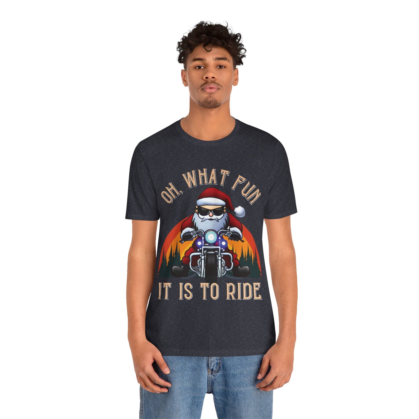 Biker Santa Christmas T-shirt: "Oh What Fun it is to Ride" Short Sleeve Tee