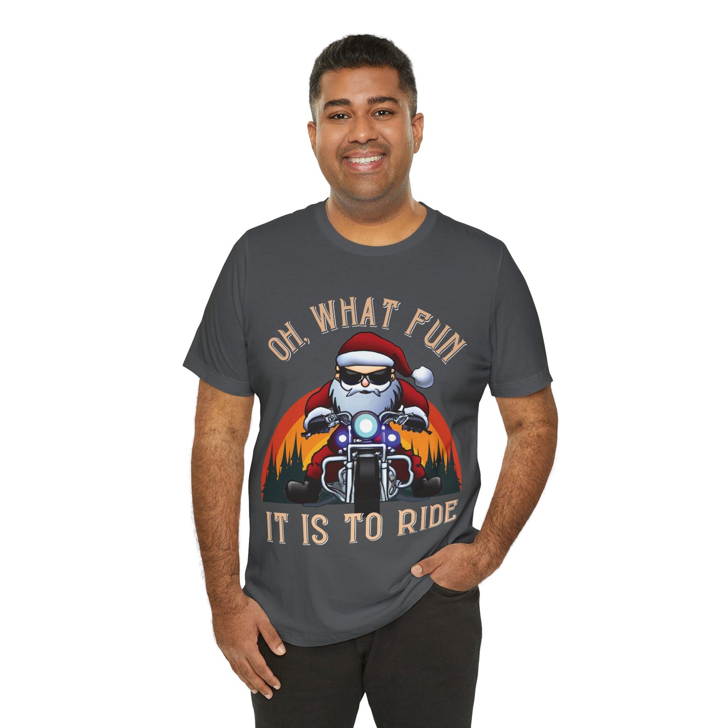 Biker Santa Christmas T-shirt: "Oh What Fun it is to Ride" Short Sleeve Tee