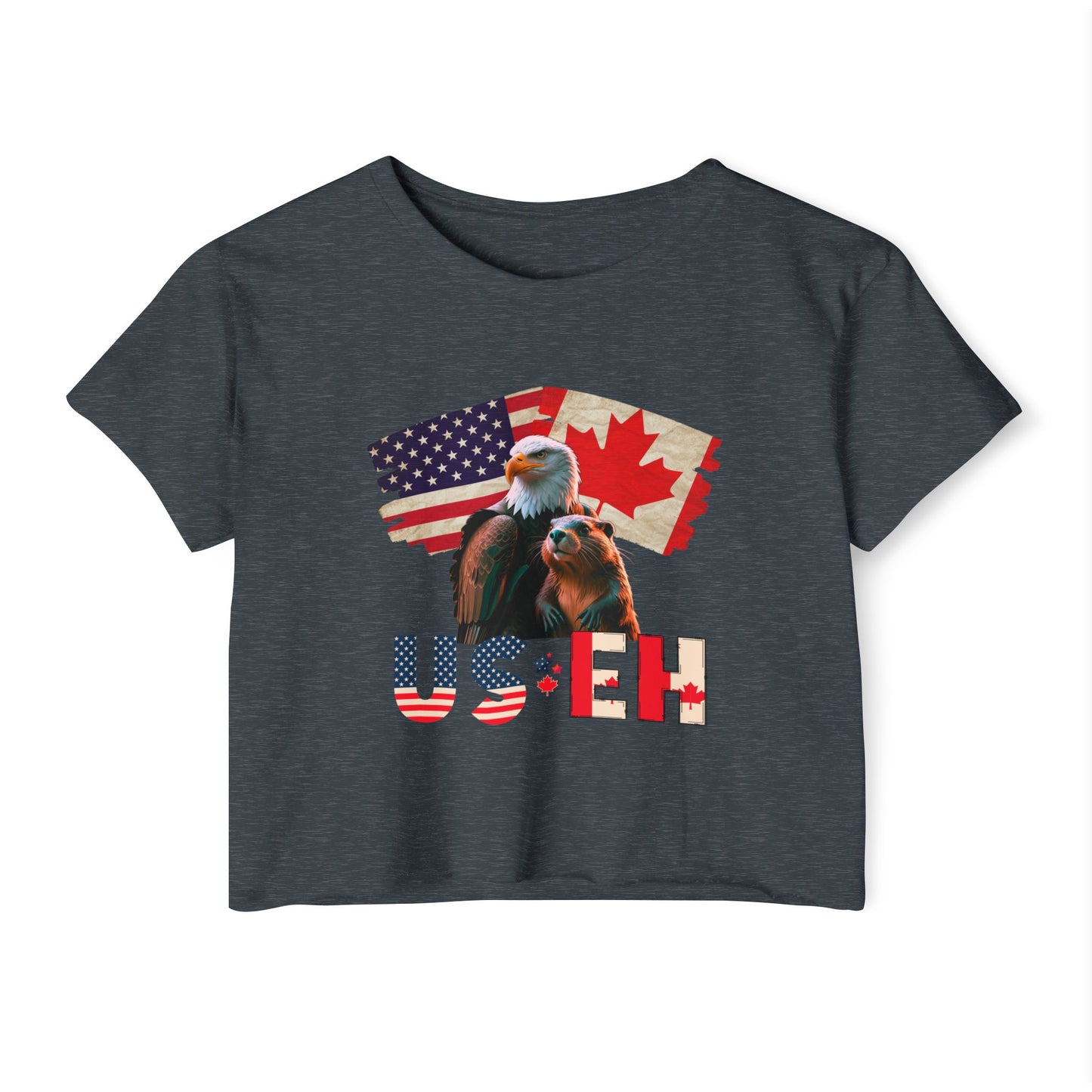 Crop Top - US Eh Bald Eagle and Beaver Canadian American Flag Women's Festival Top