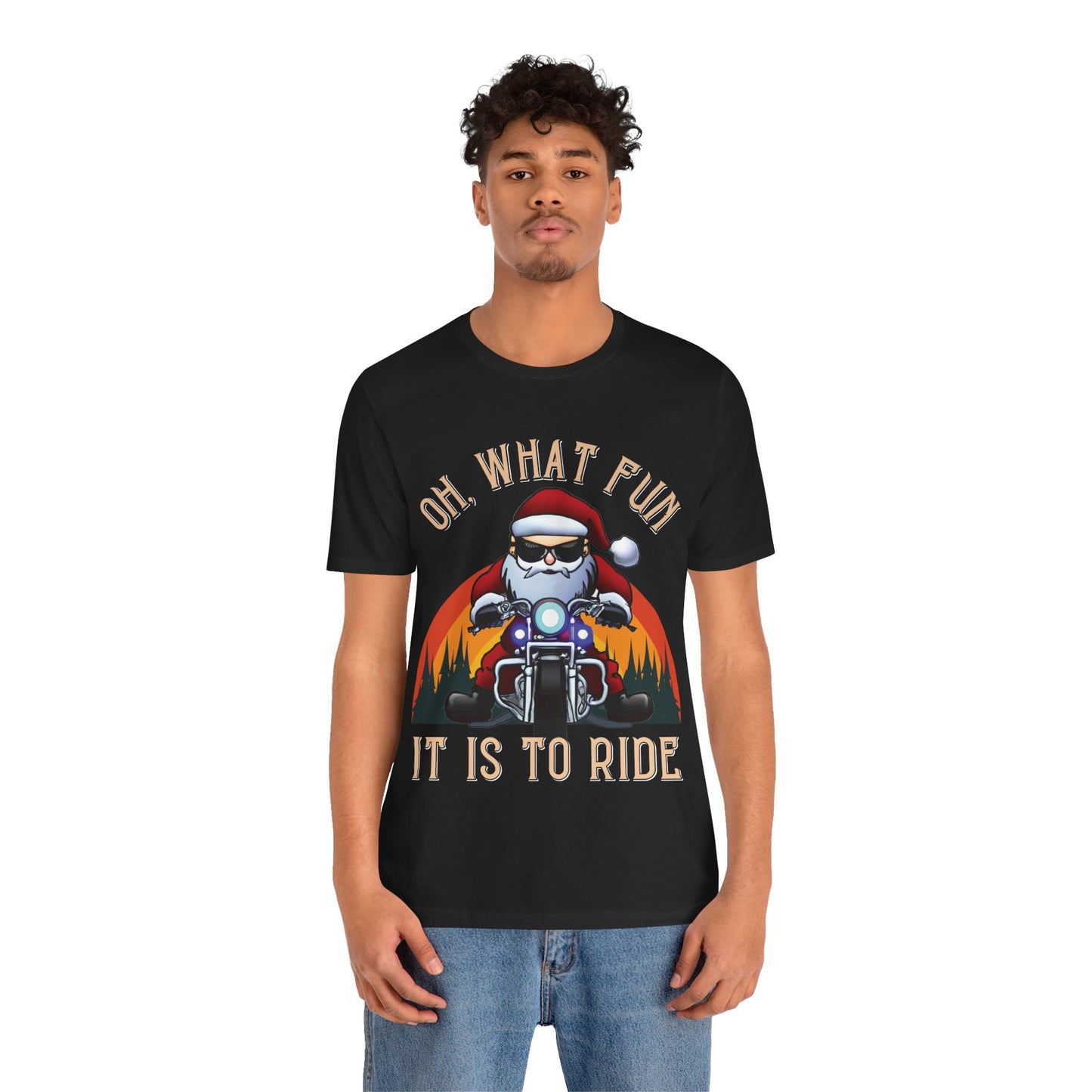 Biker Santa Christmas T-shirt: "Oh What Fun it is to Ride" Short Sleeve Tee