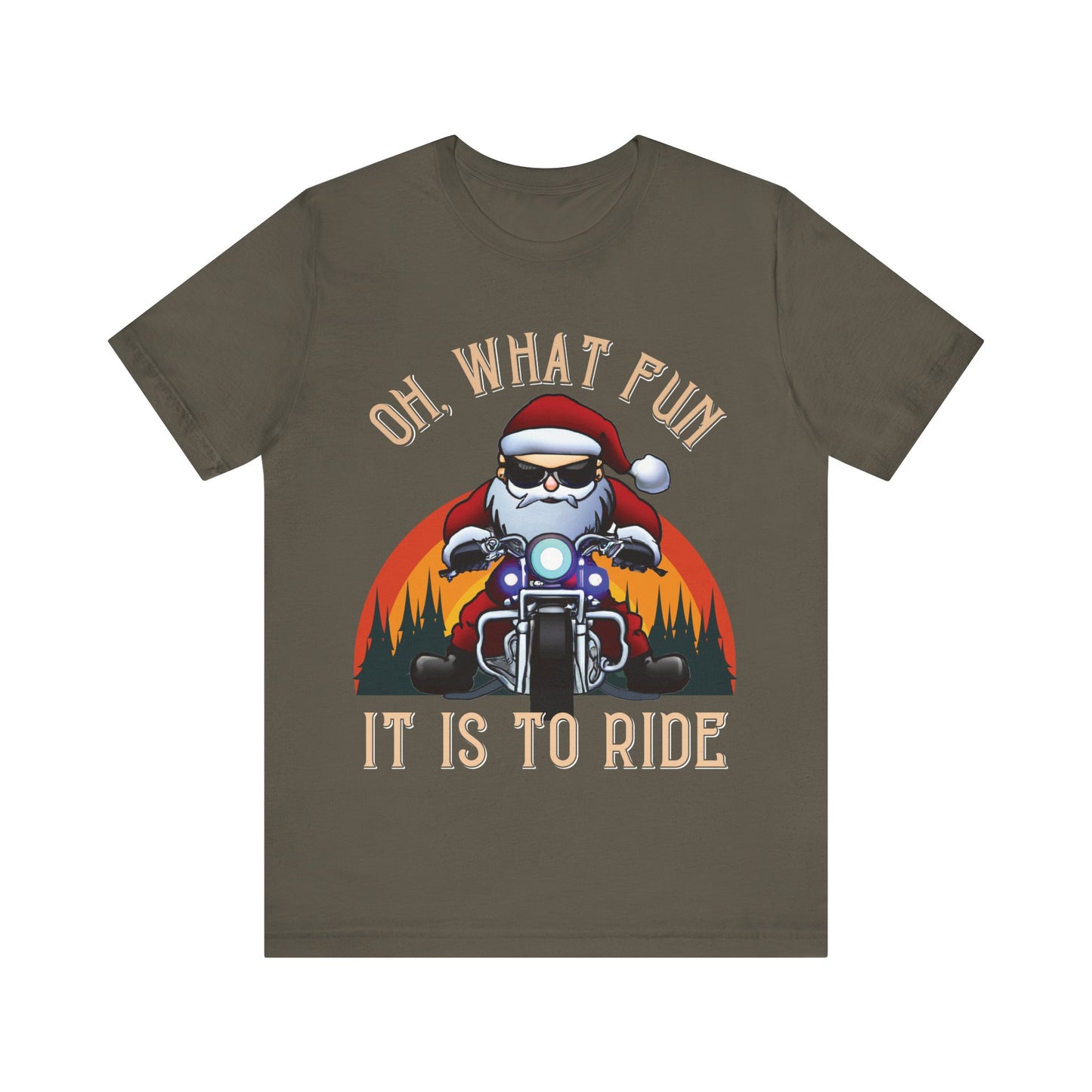 Biker Santa Christmas T-shirt: "Oh What Fun it is to Ride" Short Sleeve Tee