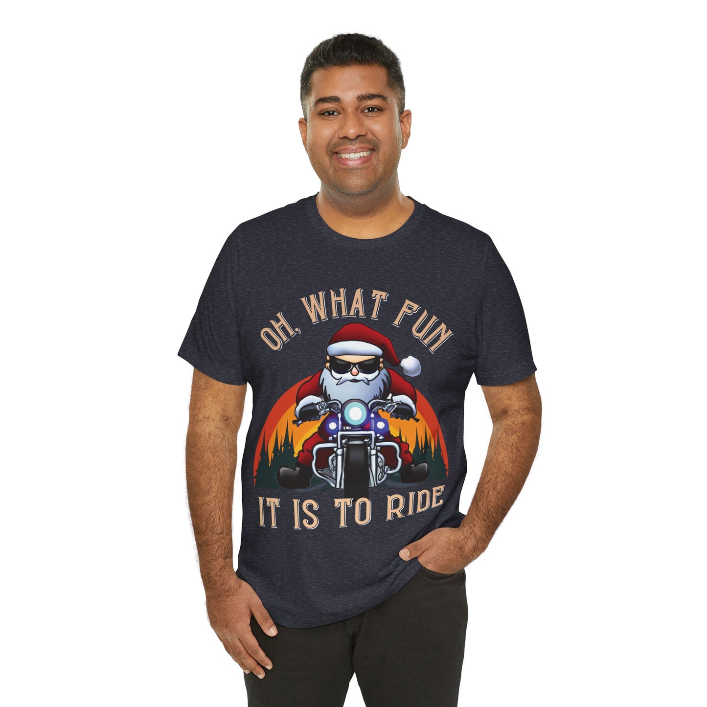 Biker Santa Christmas T-shirt: "Oh What Fun it is to Ride" Short Sleeve Tee