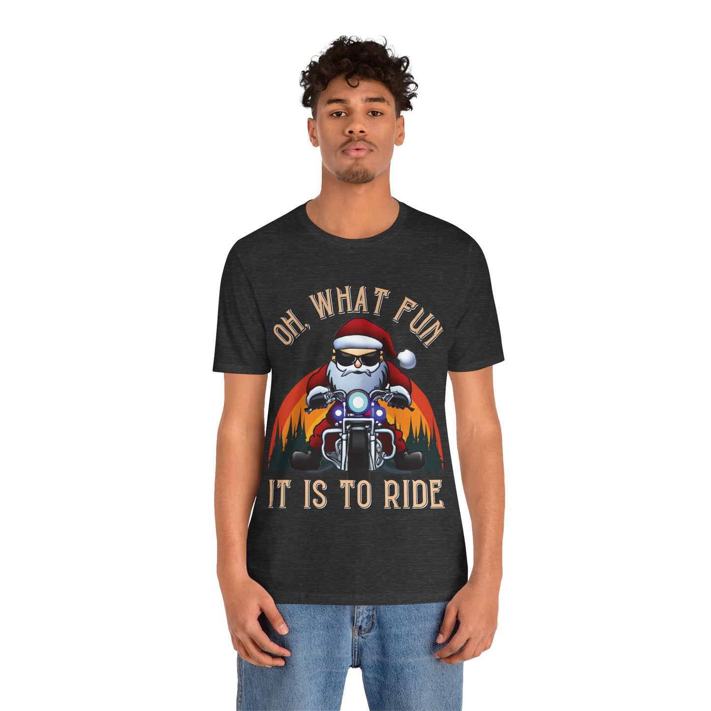 Biker Santa Christmas T-shirt: "Oh What Fun it is to Ride" Short Sleeve Tee