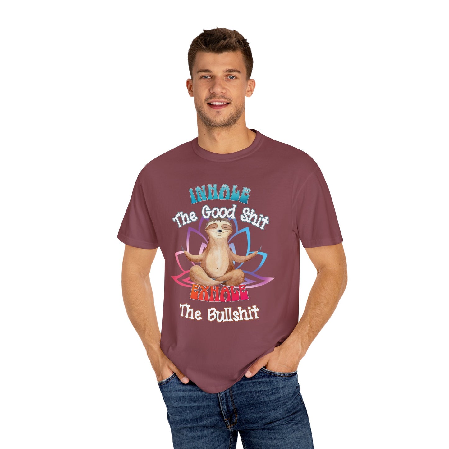 Funny Meditating Sloth Comfort Colors T-Shirt | Inhale Exhale Explicit Tee