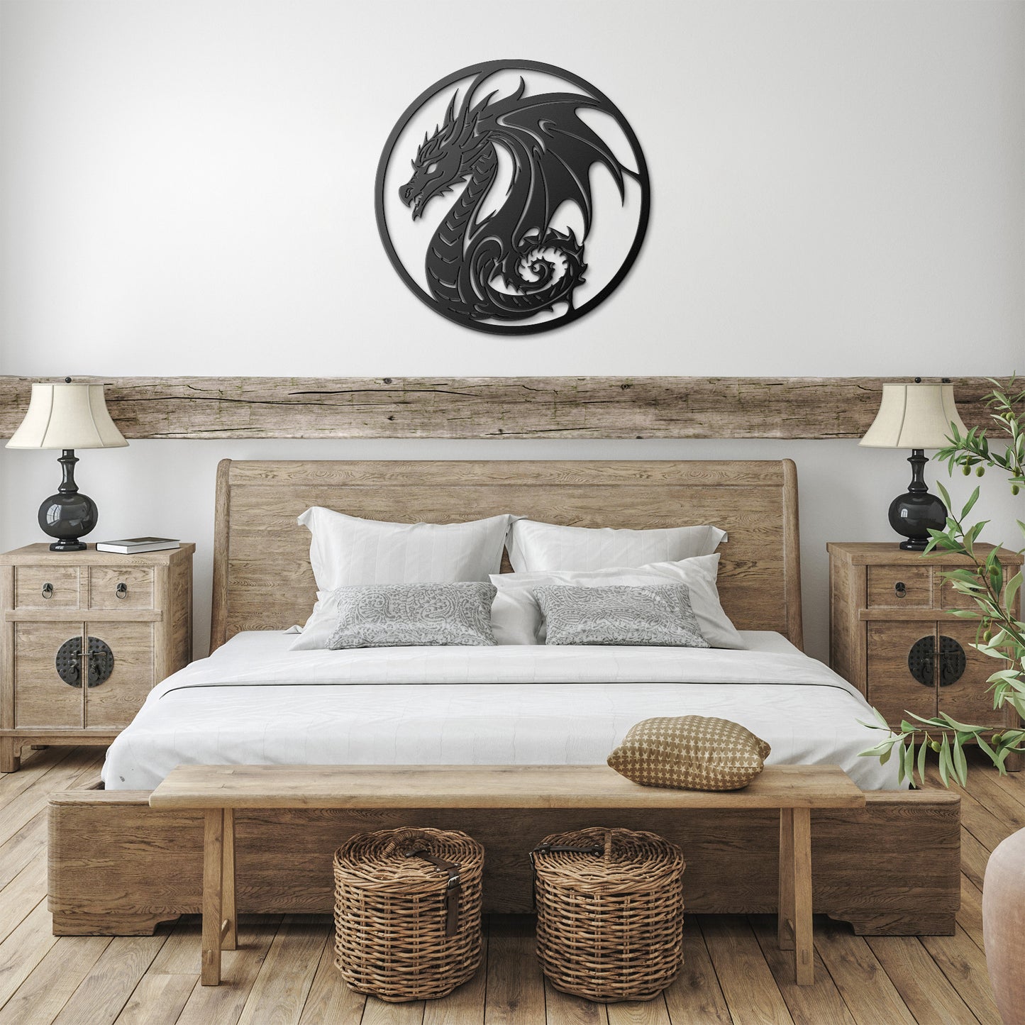 Black dragon die-cut metal wall art as bedroom decor. Available at NerdyWerks.