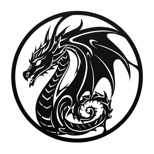 Black dragon die-cut metal wall art template showing the detail. By NerdyWerks