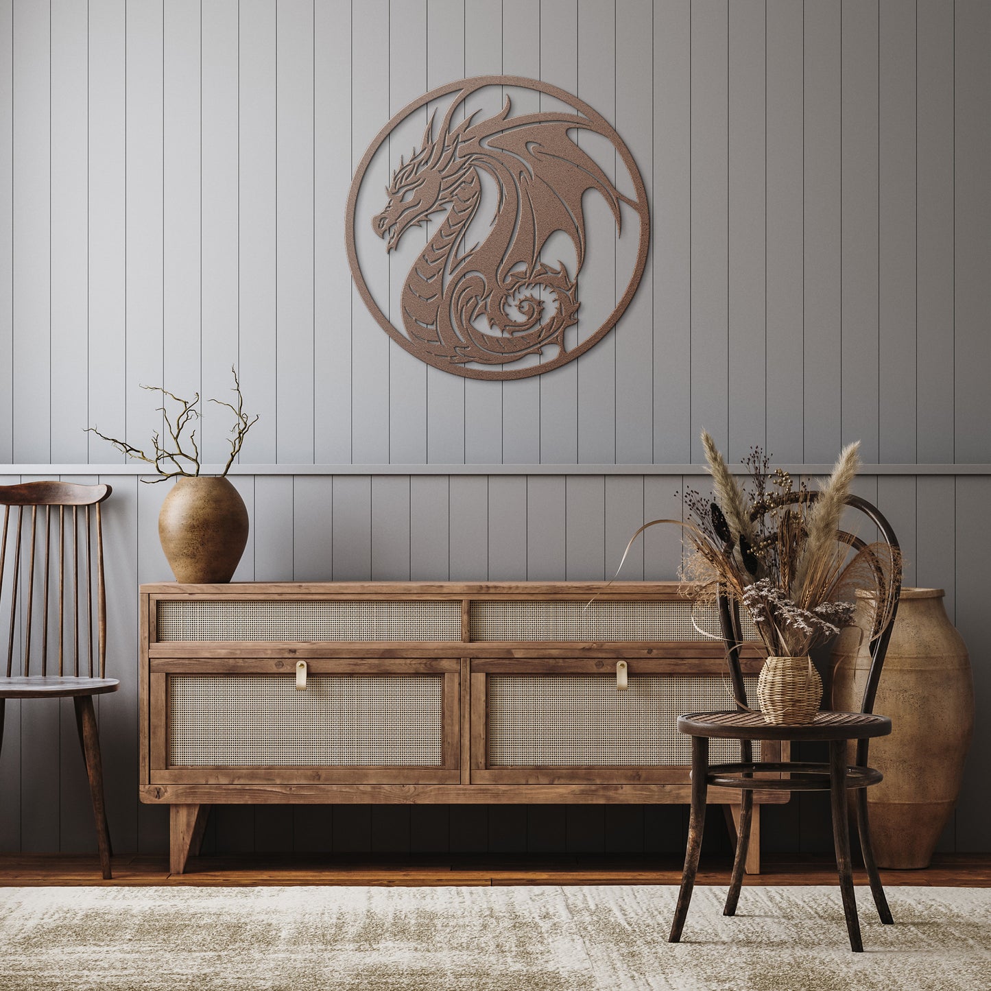 Copper dragon die-cut metal wall art in mid-century modern decor. Available at NerdyWerks.