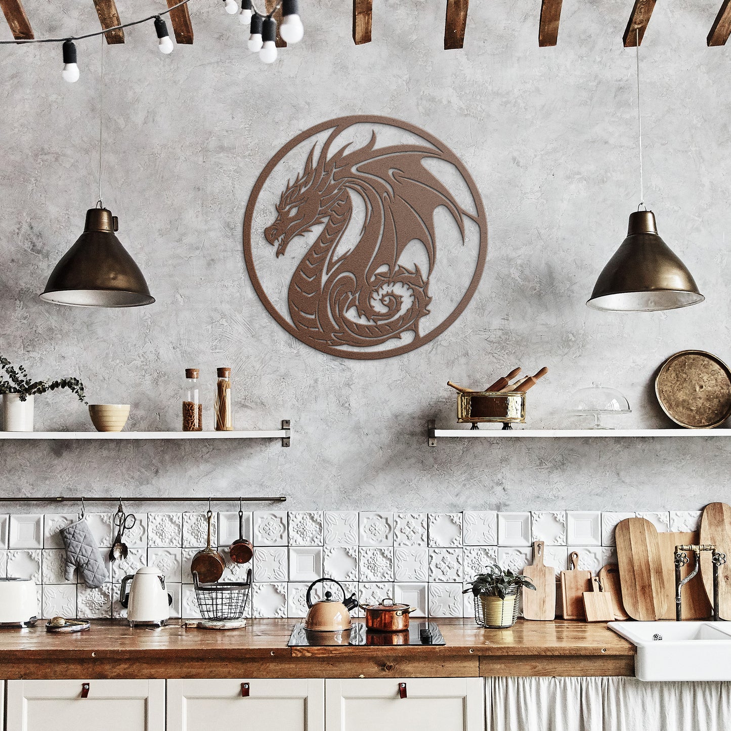 Copper dragon die-cut metal wall art in rustic kitchen decor.