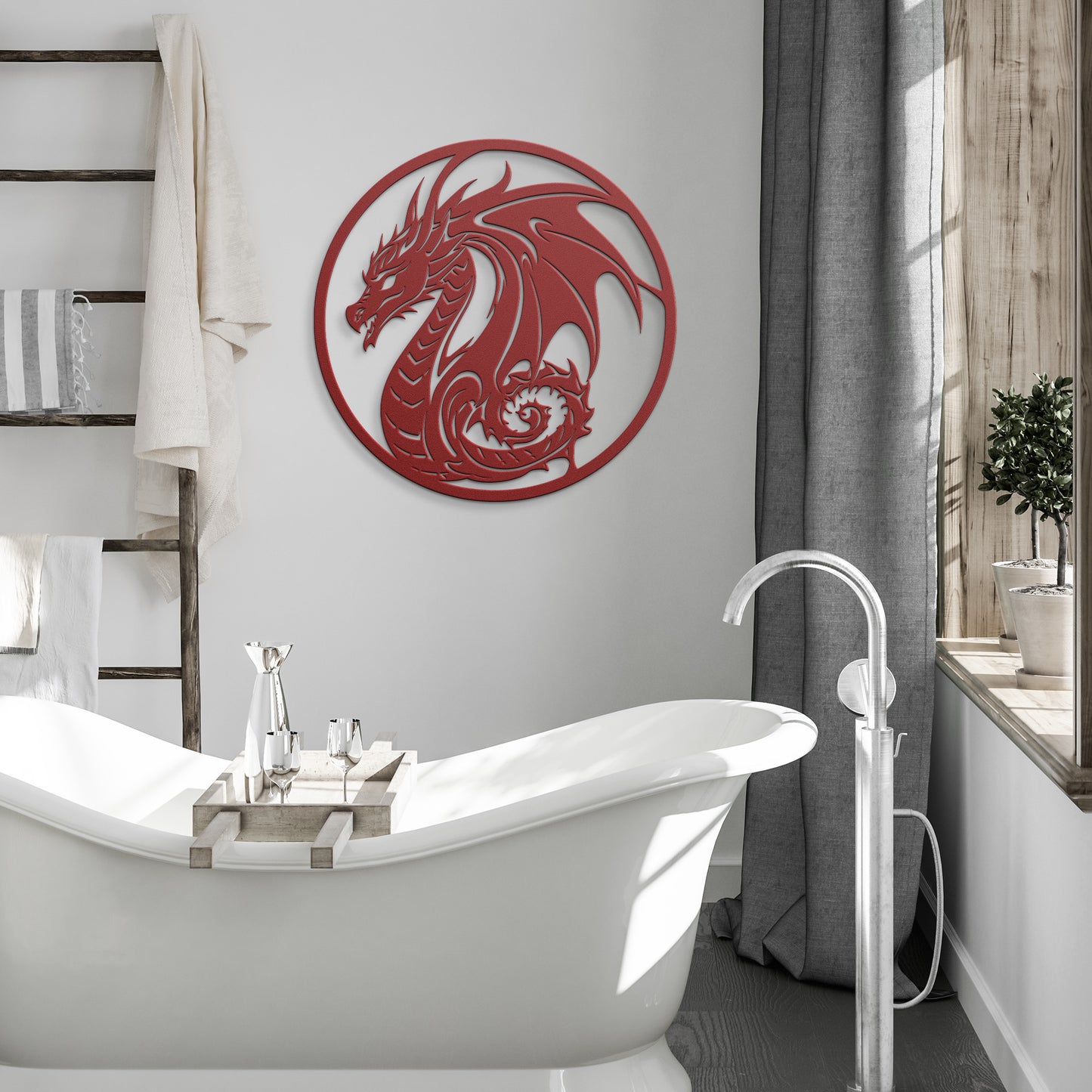 Red dragon die-cut metal wall art in rustic bath decor. Available at NerdyWerks.
