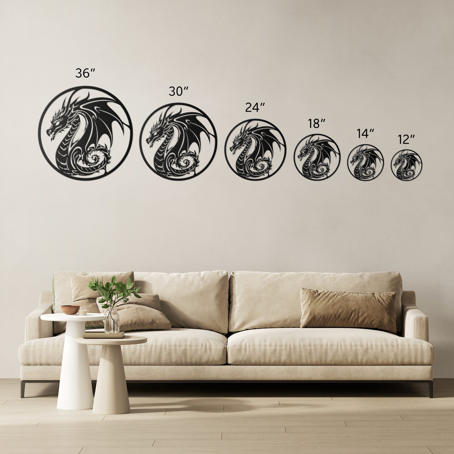 Black die-cut dragon wall art metal sign showing the 5 sizes that are available at NerdyWerks.