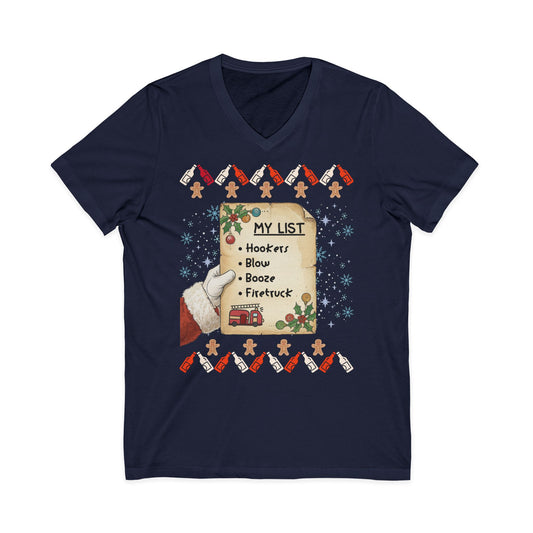 Crude Funny Santa Christmas List Ugly Sweater Style | Adult Holiday V-Neck Shirt