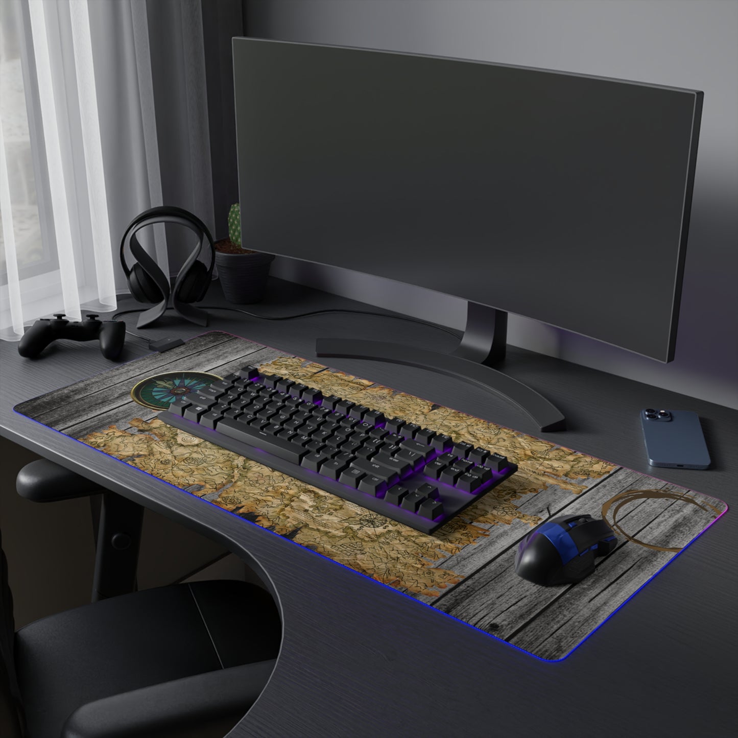Vintage Pirate's Treasure Map Gaming Mouse Mat with LED Lights