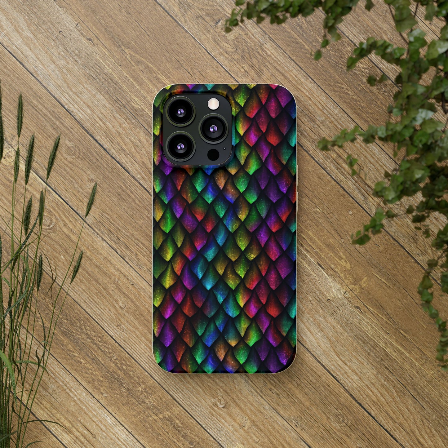Biodegradable Dragon Scale Pattern Phone Case - Black Rainbow Colors | Eco-Friendly