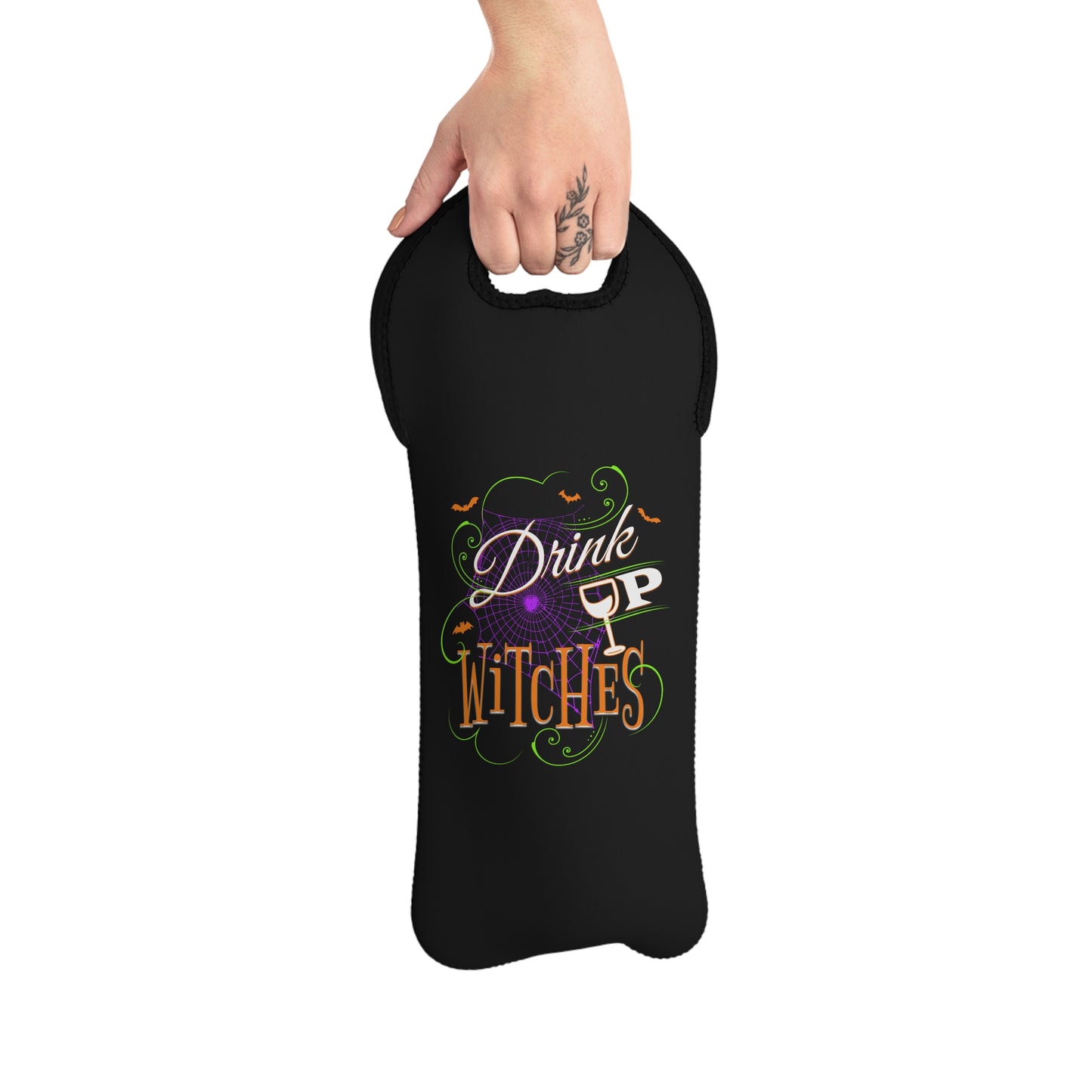 Halloween Spiderweb and Bats Wine Tote Bag - Drink Up Witches