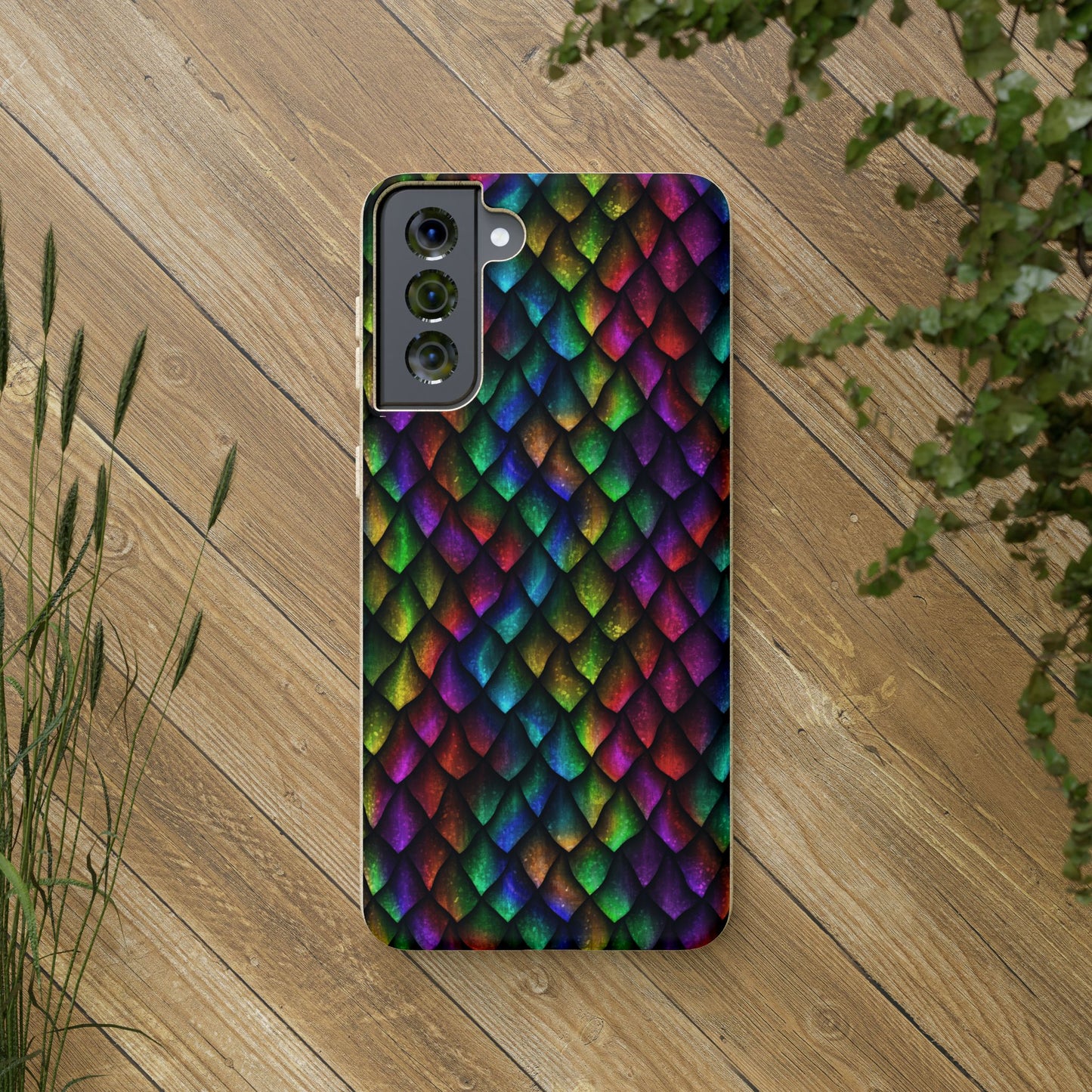 Biodegradable Dragon Scale Pattern Phone Case - Black Rainbow Colors | Eco-Friendly