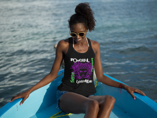 An African American woman wearing the Medusa Empowerment racerback tank top in the color black. Available at NerdyWerks. 