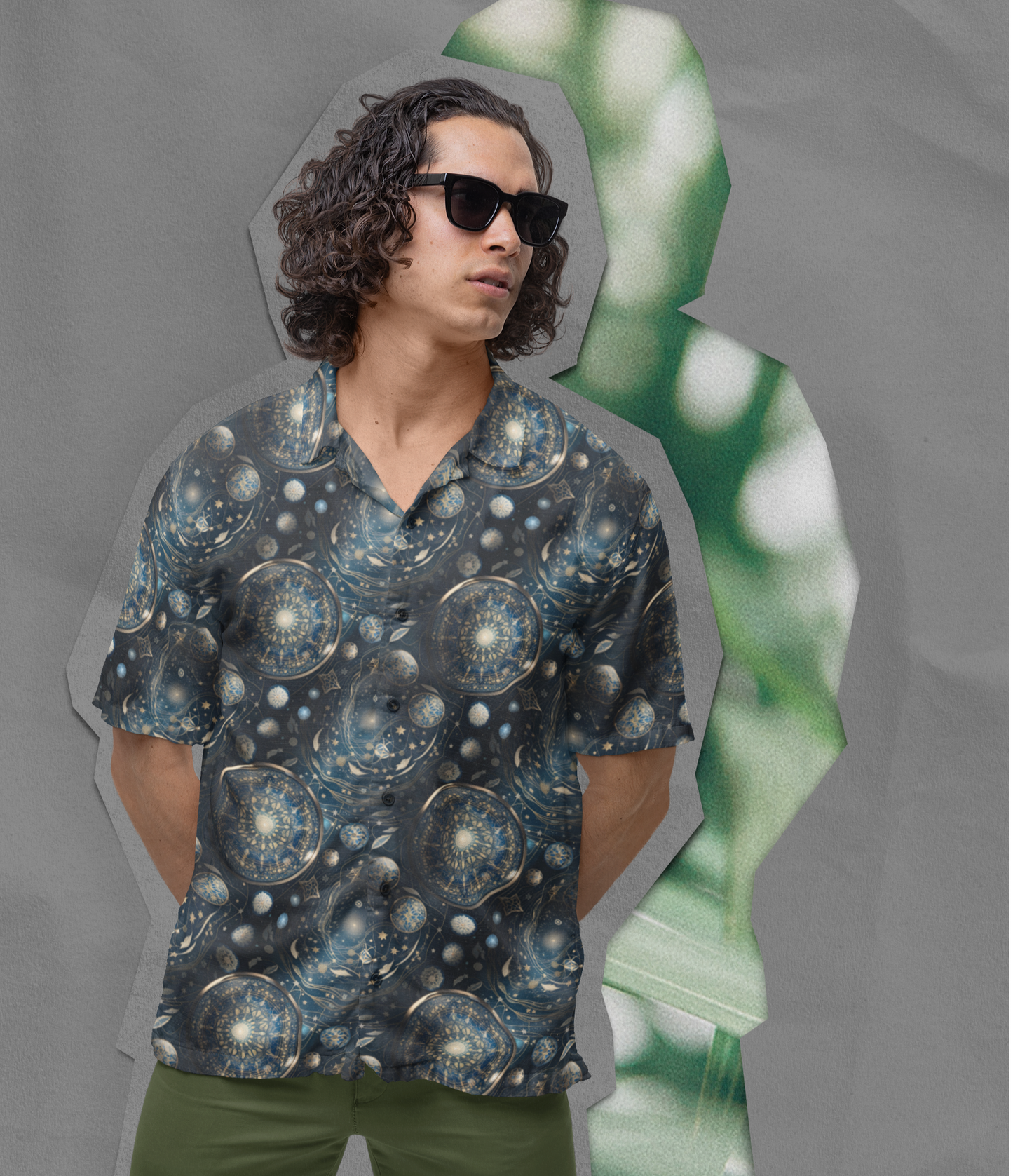 Man wearing Celestial Steampunk Ancient Astronomy Hawaiian shirt.