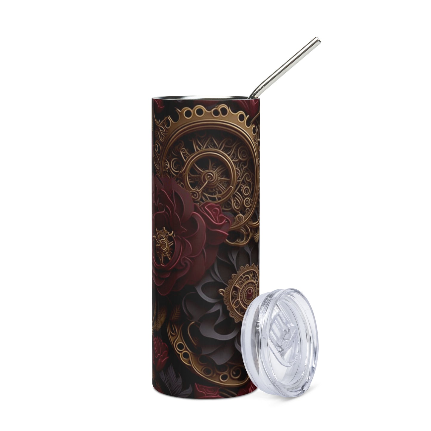 Intricate Goth Steampunk 20oz Skinny Insulated Steel Tumbler - 3D Japanese Paper Quilling Gears and Red Roses